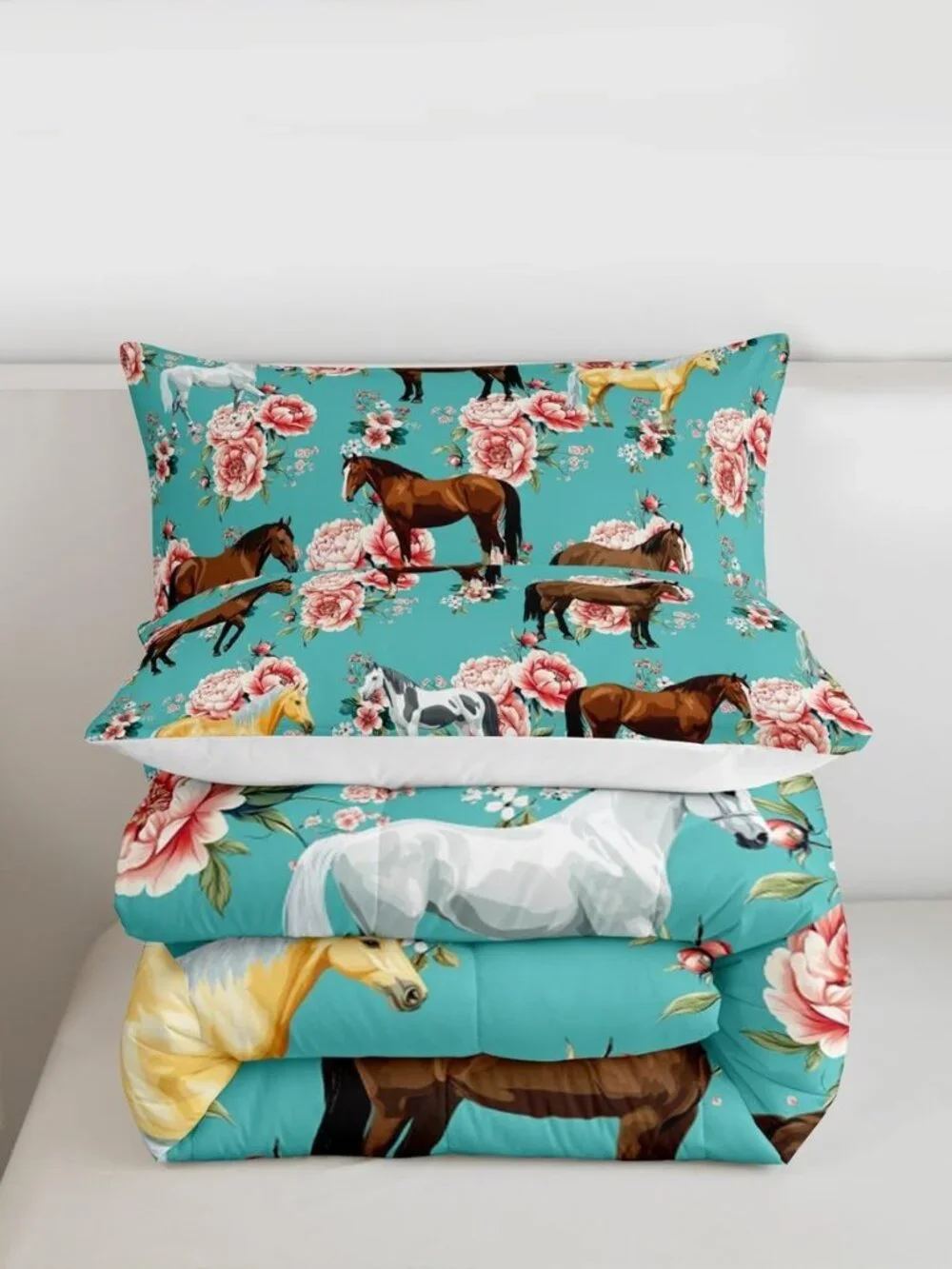 Girls Horse Comforter Set - Full Size Pink Flower Bedding Set for Kids - Gallopi